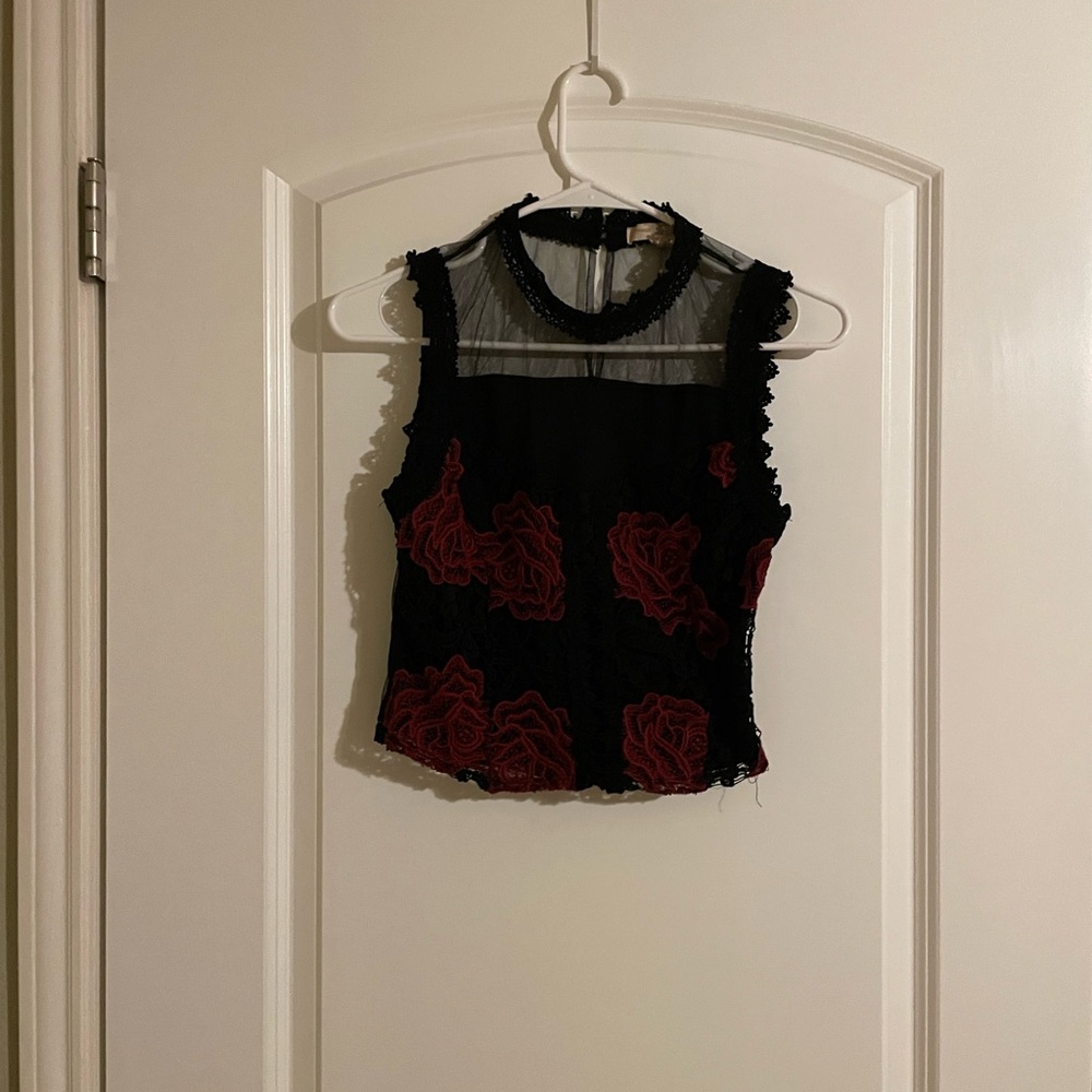 Forever 21 | Crochet Red Rose & Black Cropped Top with Choker Neckline